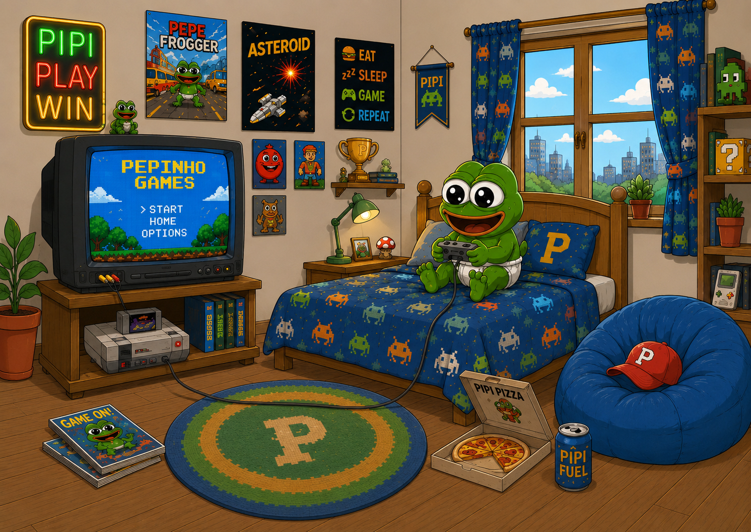 Pepinho's retro gaming bedroom with a television game menu